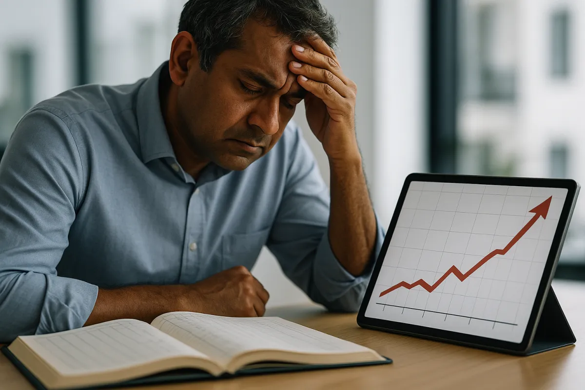 Open ledger and rising cost charts on a tablet next to a stressed CFO, business-urgent mood