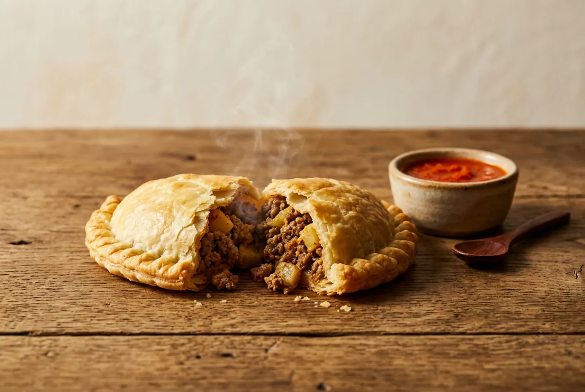 Golden crispy Colombian beef and potato empanada served with homemade spicy aji dipping sauce
