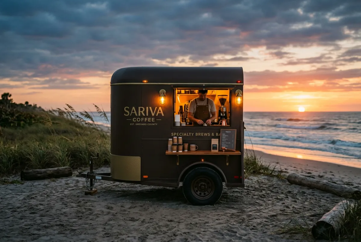 Editorial sunset photography of the custom matte espresso and brass Sariva mobile coffee trailer parked along the Brevard County coastline