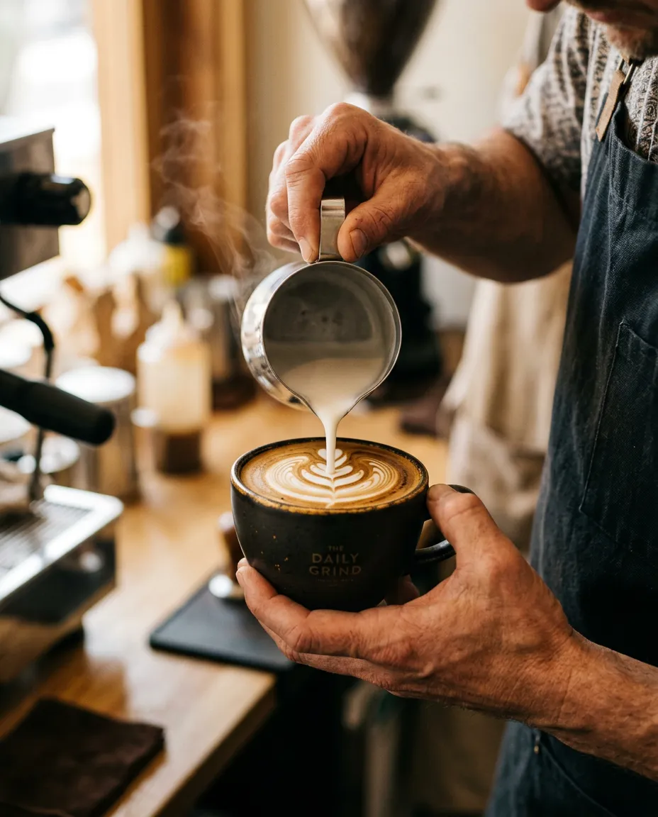 Barista carefully pouring silky latte art into a ceramic cup in natural morning light