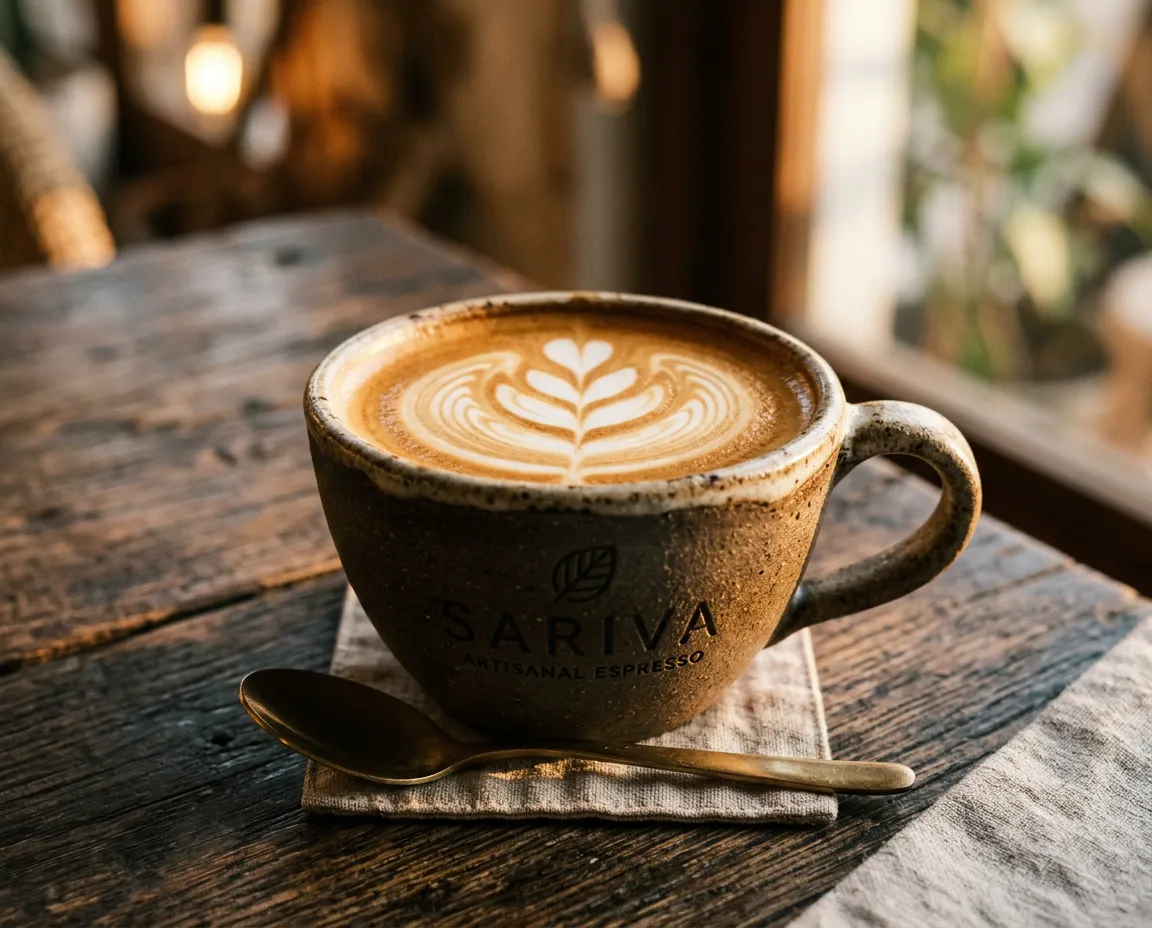 SARIVA artisanal espresso with silky latte art in handcrafted ceramic cup