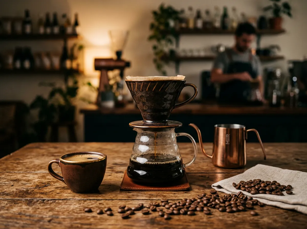 Atmospheric SARIVA coffee setup with warm artisan hospitality and handcrafted Colombian brew