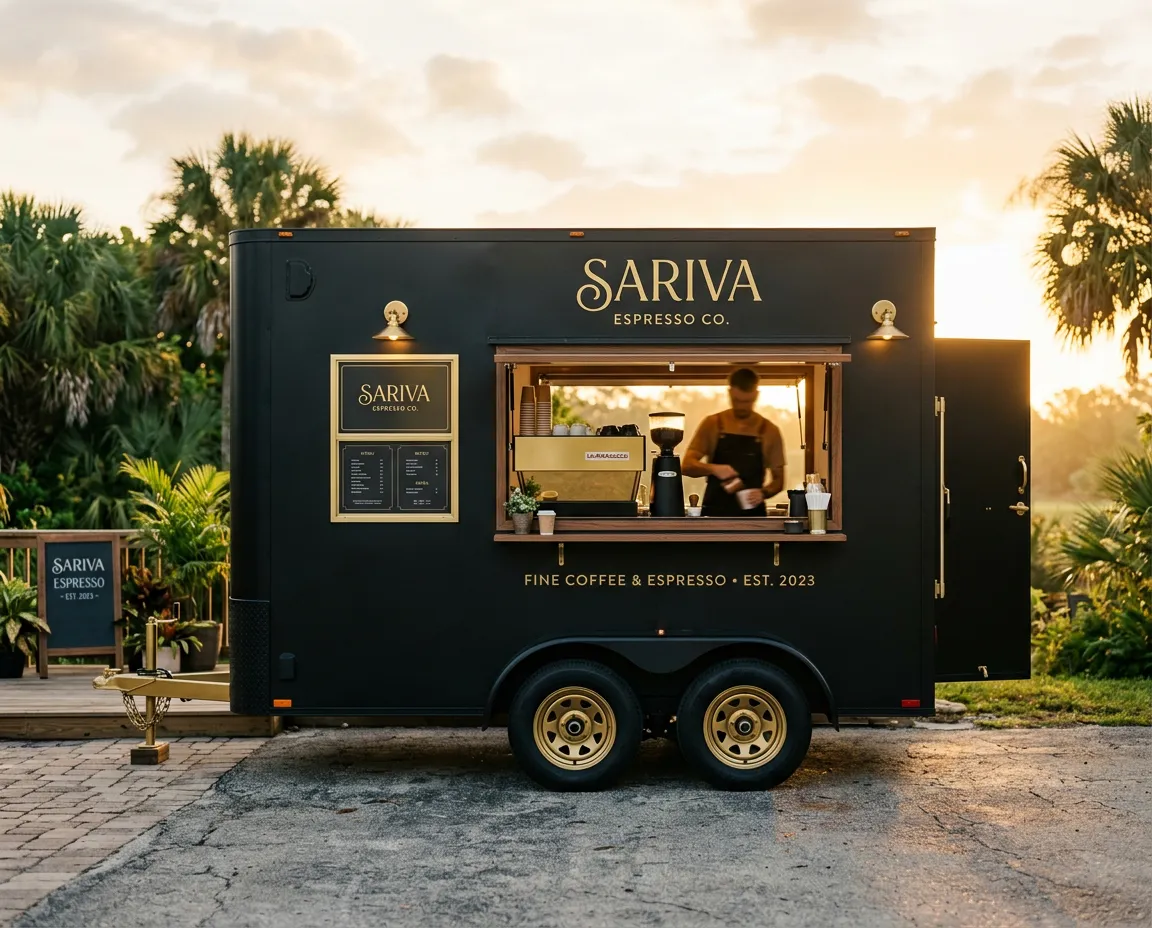 SARIVA custom matte black mobile espresso trailer in morning light