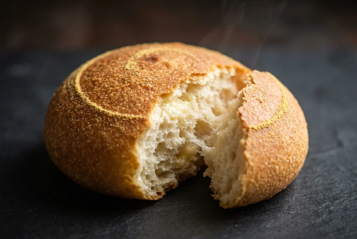 Freshly baked Colombian pandebono cheese bread with golden crust and soft steaming center
