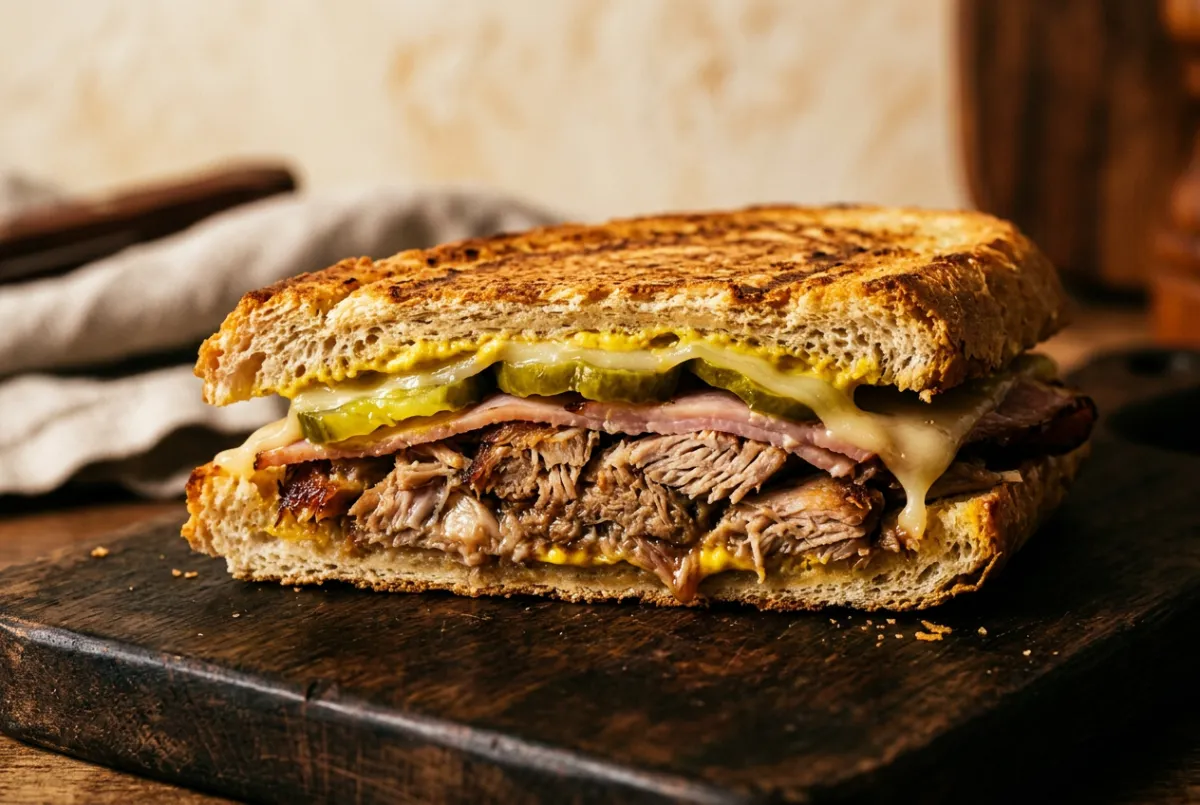 Pressed Cuban sandwich on toasted artisan bread with roasted pork, Swiss cheese, and pickles