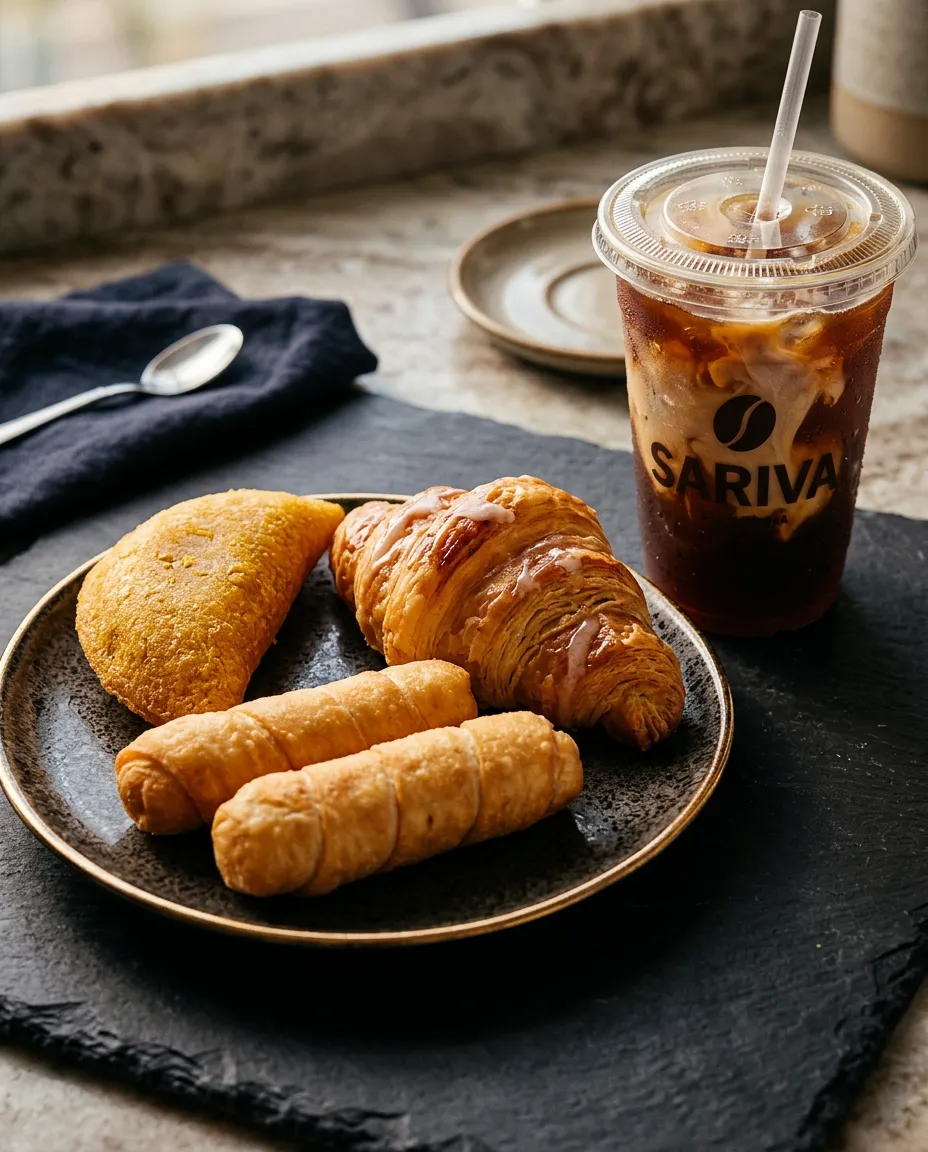 Artisanal Colombian empanadas, tequeños, and specialty croissants plated with warm morning light