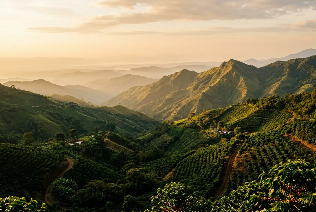Lush misty green mountains of a Colombian coffee plantation at sunrise