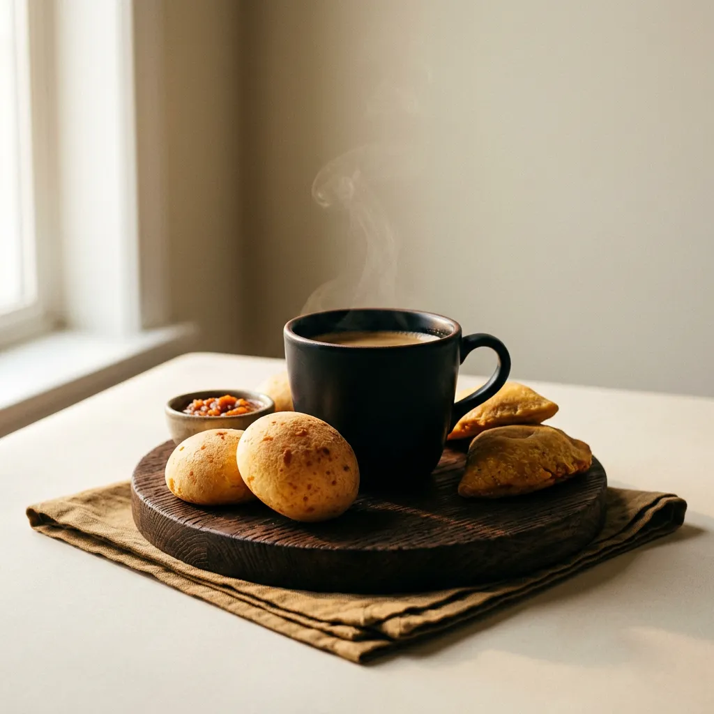 Freshly brewed artisanal SARIVA Colombian coffee and warm Colombian bites in morning sunlight