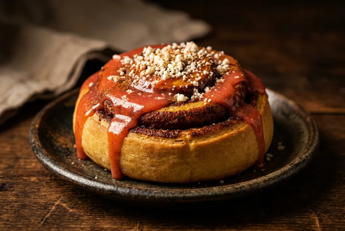 Guaca-cheese cinnamon roll with rich cinnamon swirl, sweet guava drizzle, and savory queso