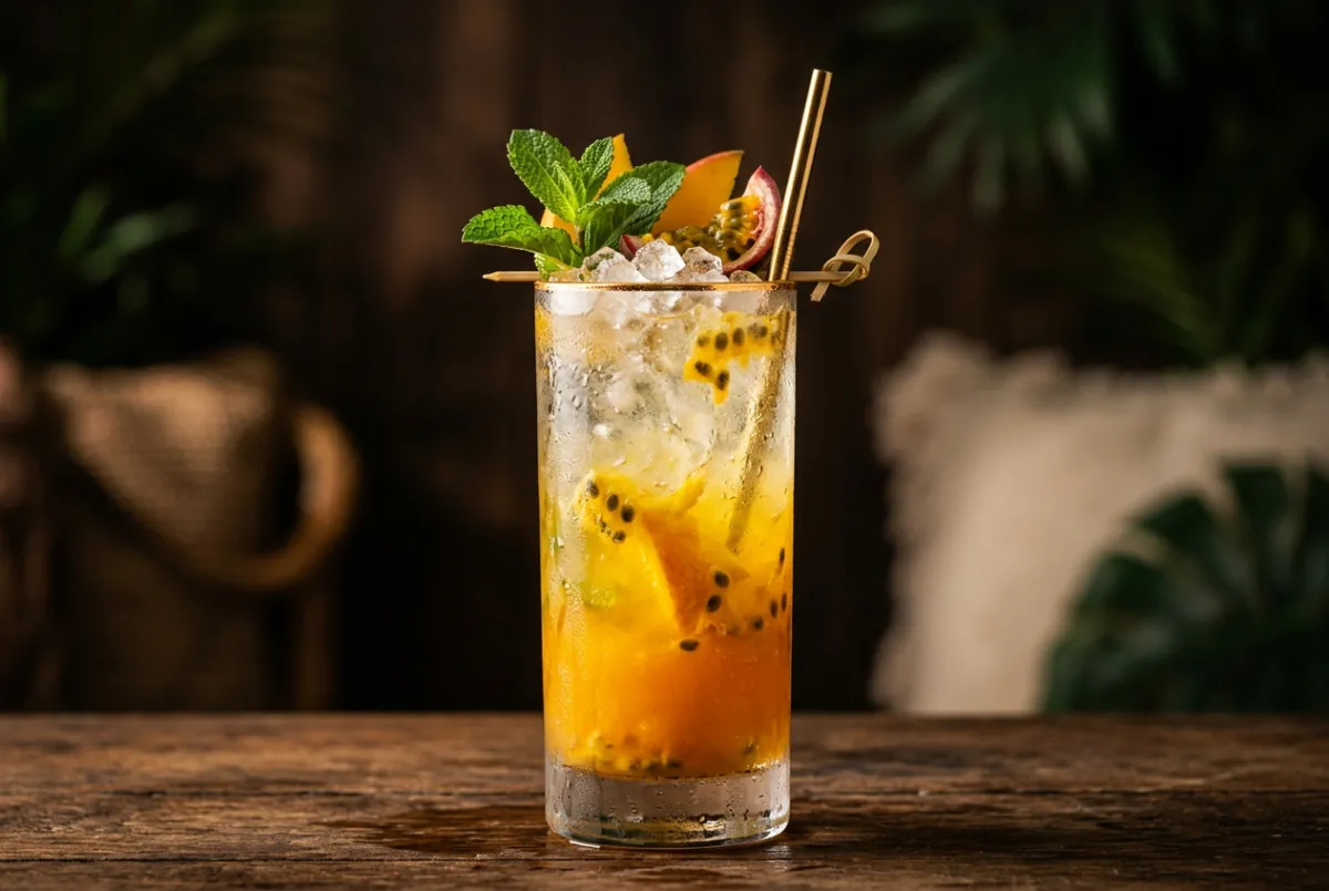 Chilled Mango Passion fruit refresher drink with ice and tropical garnishes