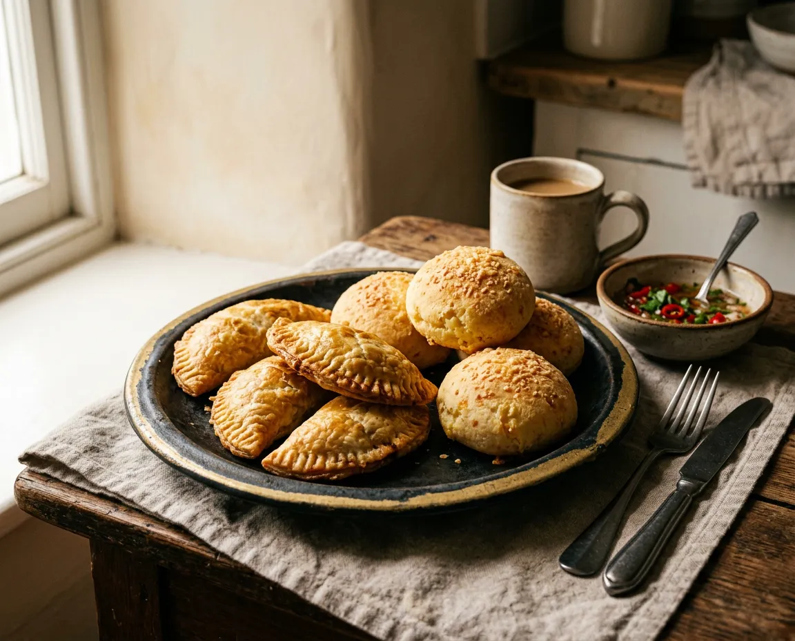Freshly baked Colombian pandebono and golden empanadas served on warm ceramic tableware
