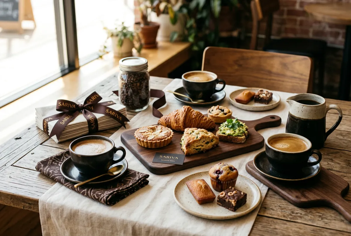 Editorial presentation of SARIVA catered coffee and artisanal bites setup for a private gathering