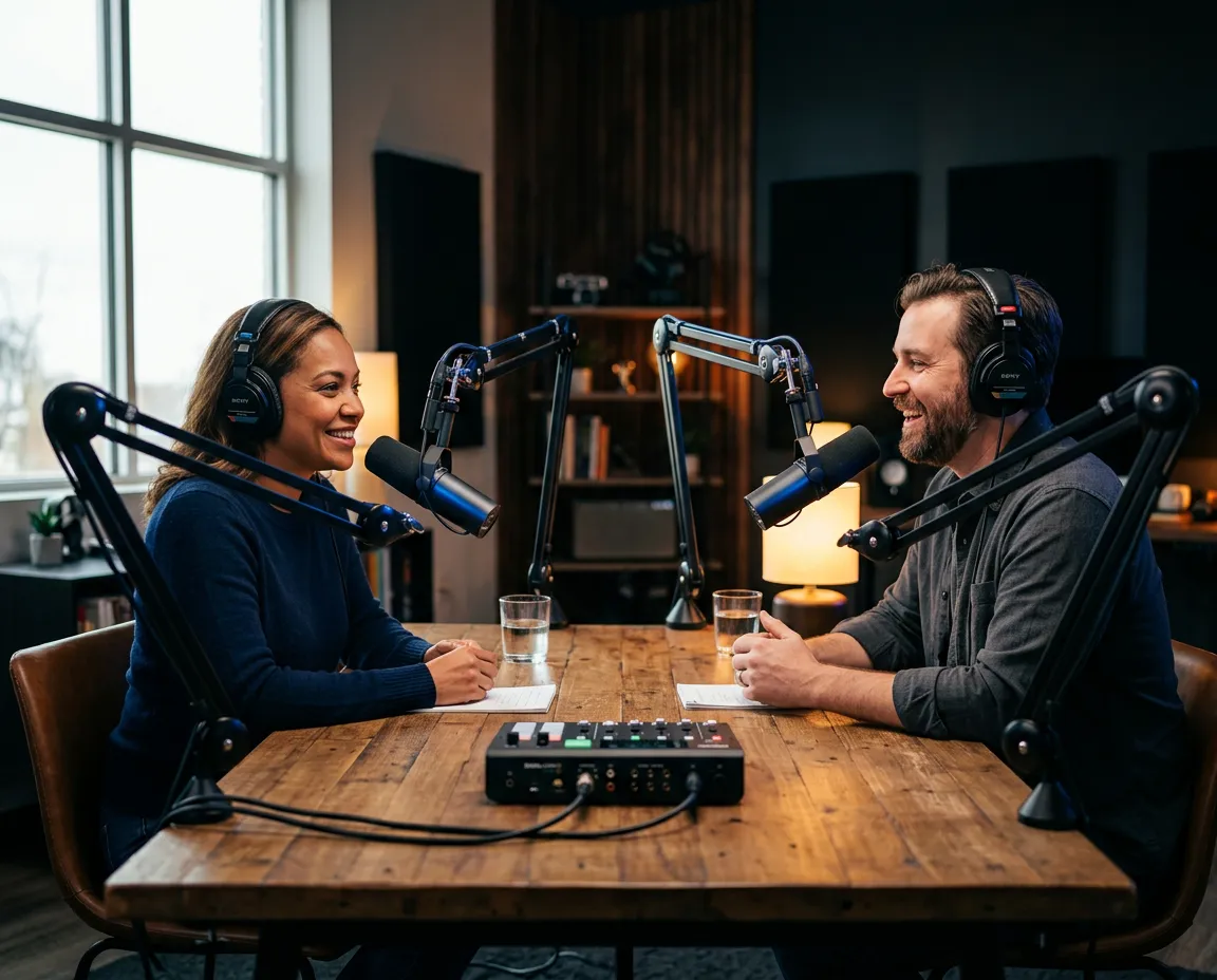 Warm studio setup with professional microphones and headphones for podcast recording