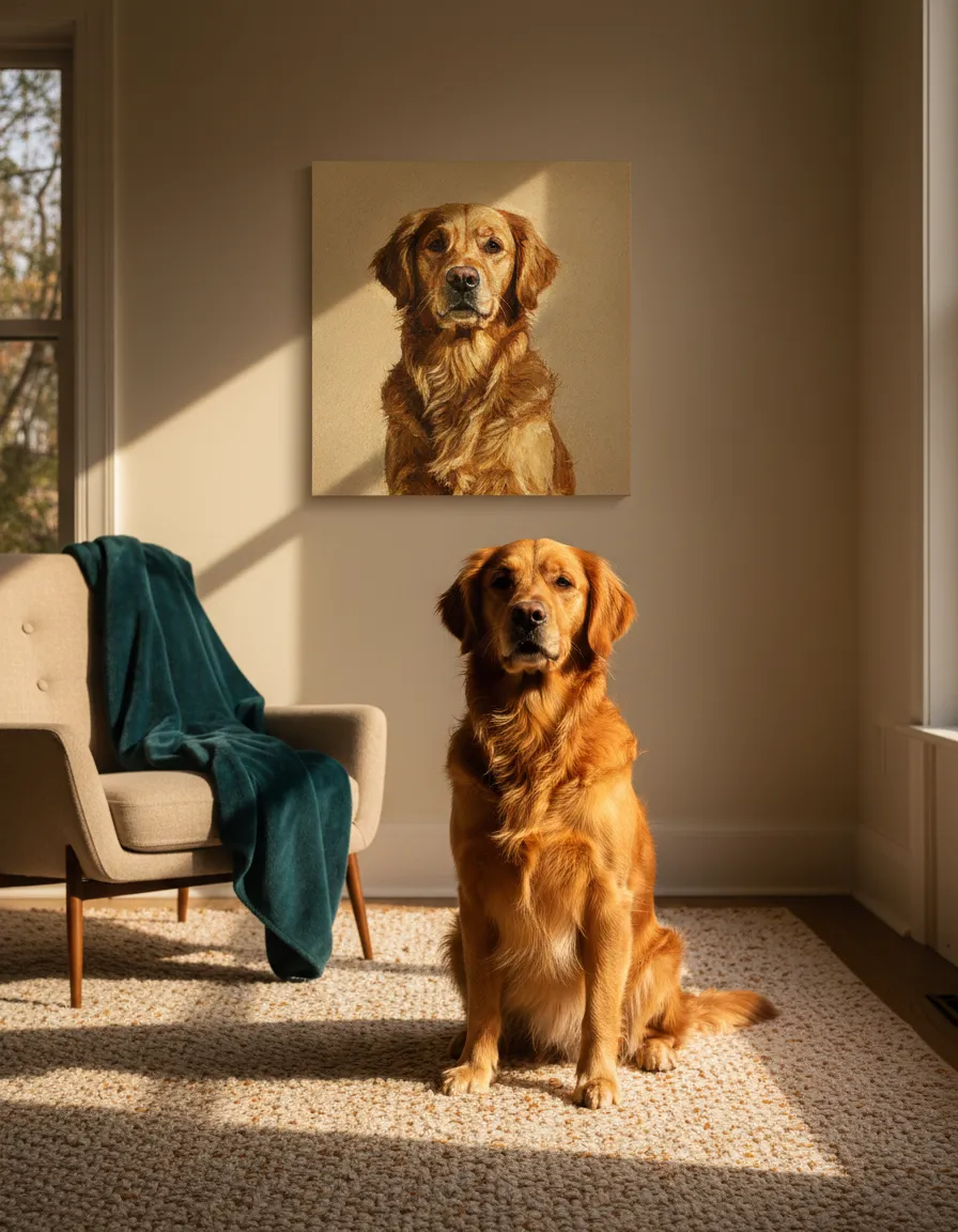 Framed pet canvas art displayed in a warm living room
