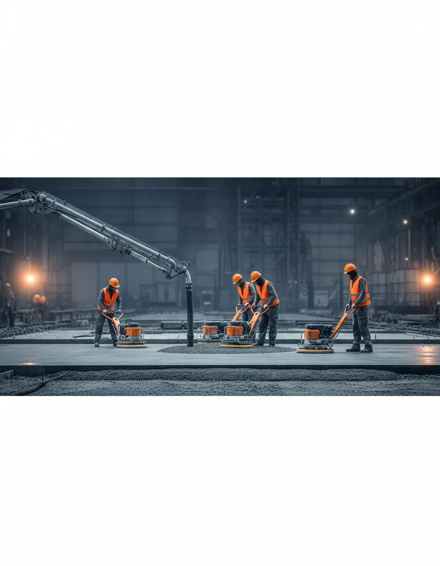 Heavy construction equipment pouring concrete foundation
