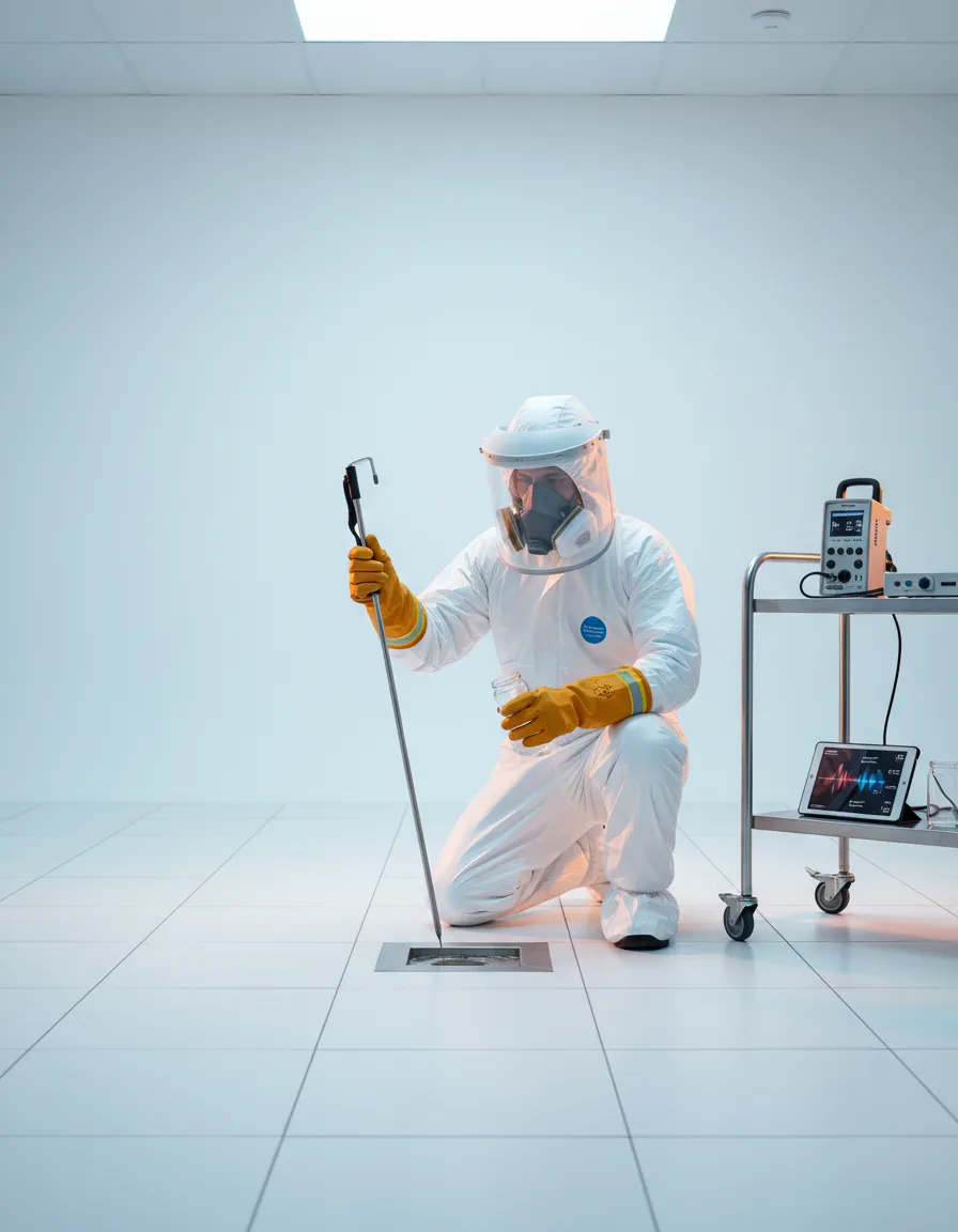 Technician in protective gear performing environmental remediation work