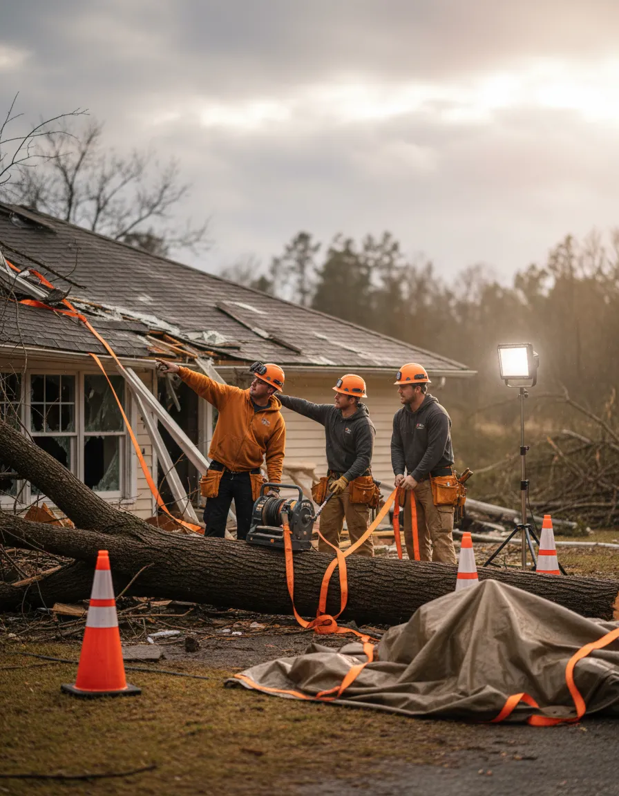 Professional restoration crew rebuilding a storm-damaged property with heavy equipment in the background