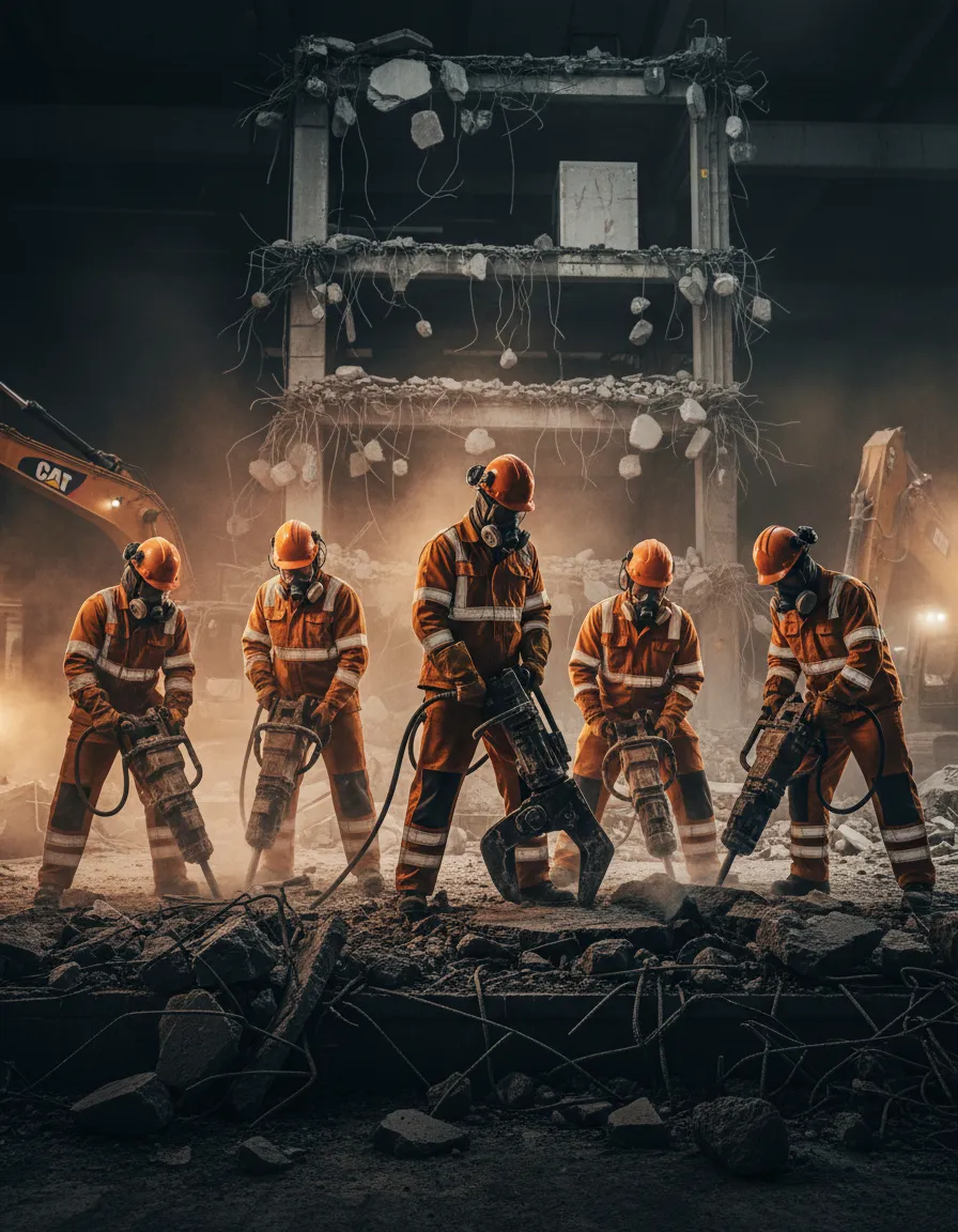 Gritty, high-contrast AI-generated image of a Mako crew on a tough job site