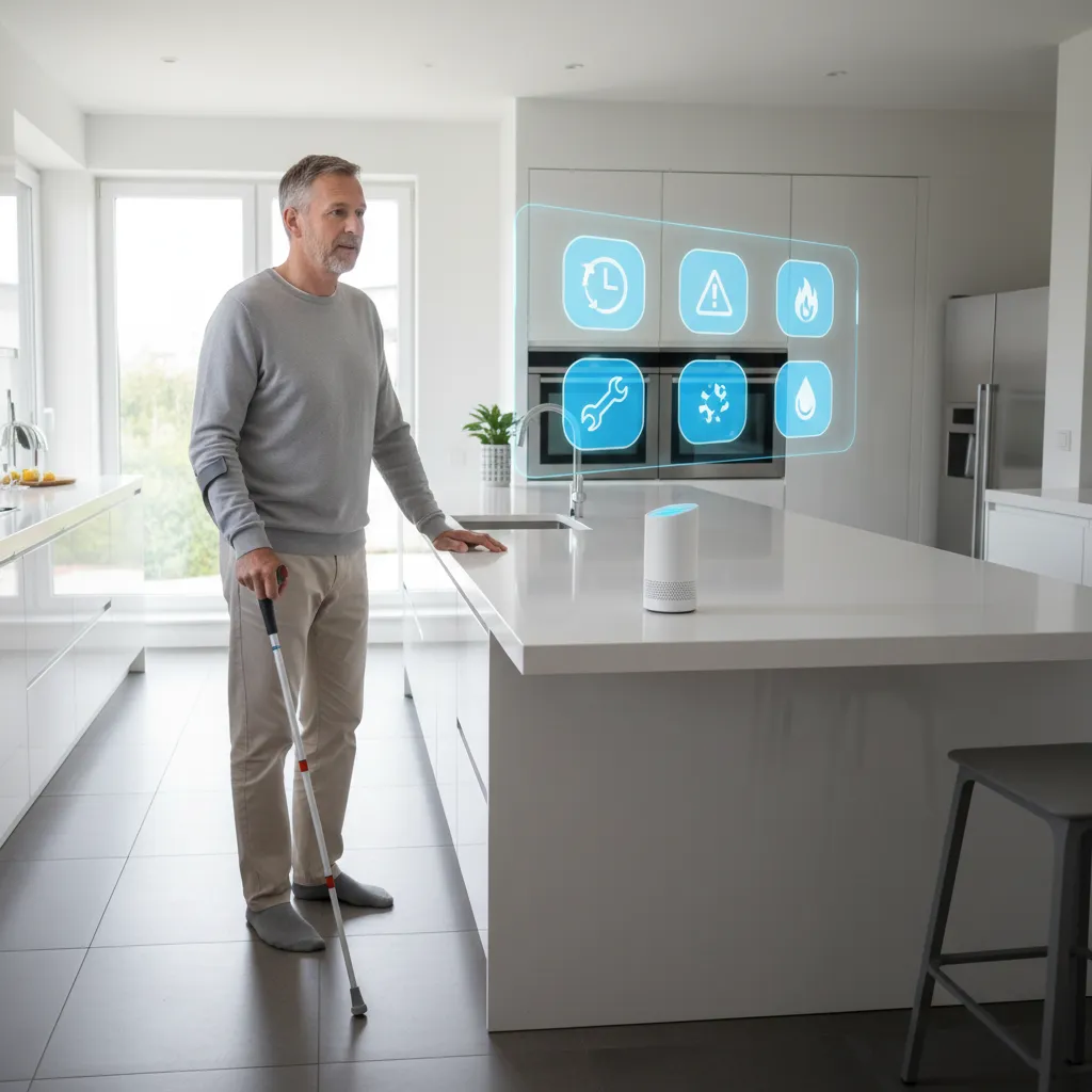 A middle-aged man with mobility aids using a voice-activated device in a bright kitchen, AI interface projected in the air, showing reminders and safety alerts.