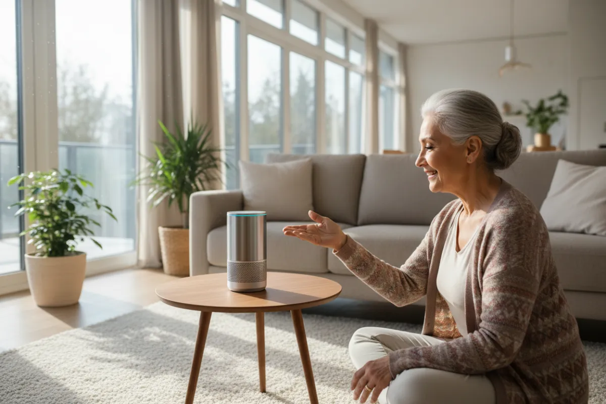 A modern living room with a diverse senior woman interacting with a sleek voice assistant device on a table, sunlight streaming through large windows, evoking comfort and innovation.