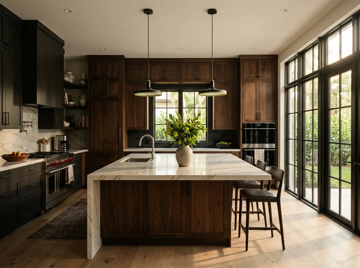 Luxury custom kitchen renovation featuring quartz island and premium cabinetry in Palm Beach County