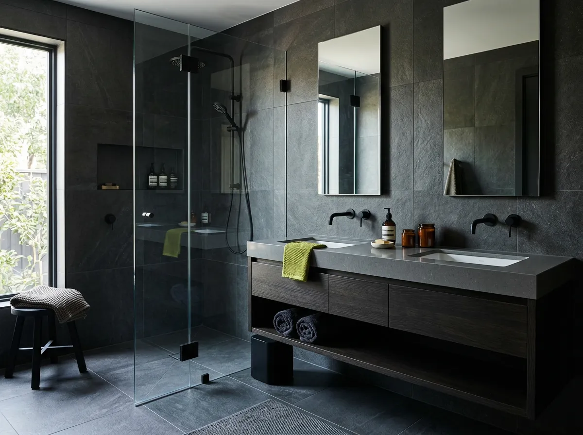 Luxury bathroom renovation with modern curbless walk-in shower and floating double vanity