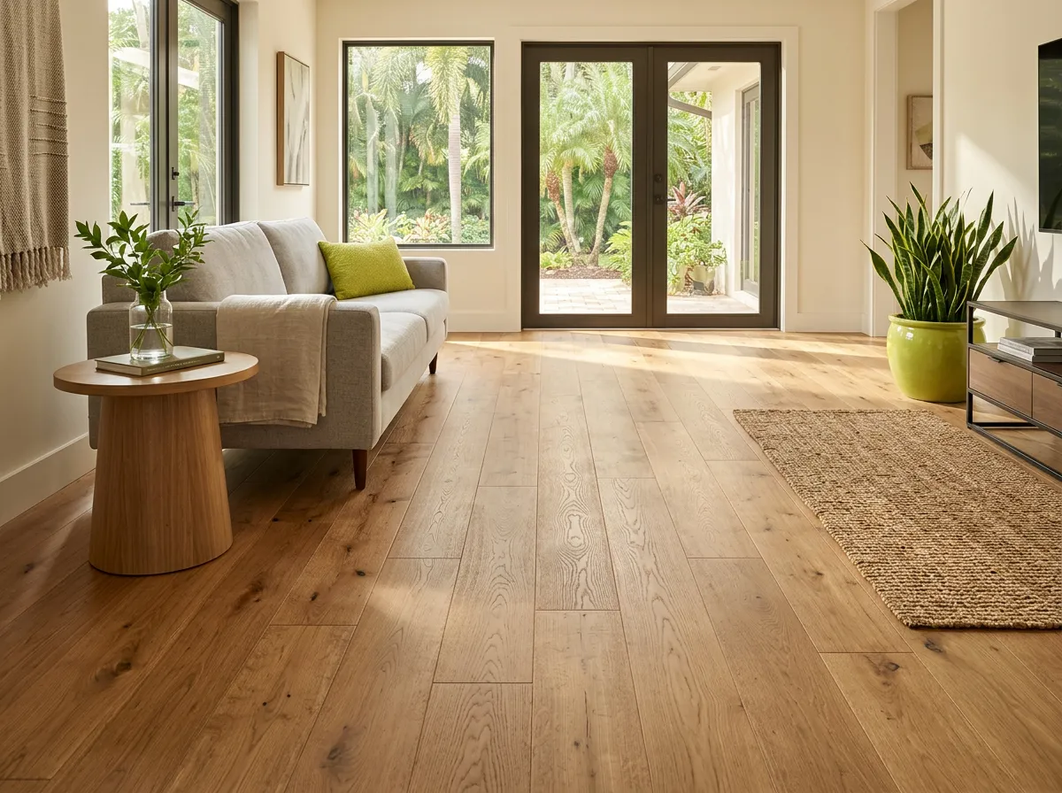 Architectural large-format tile and engineered hardwood flooring installation in Palm Beach County home
