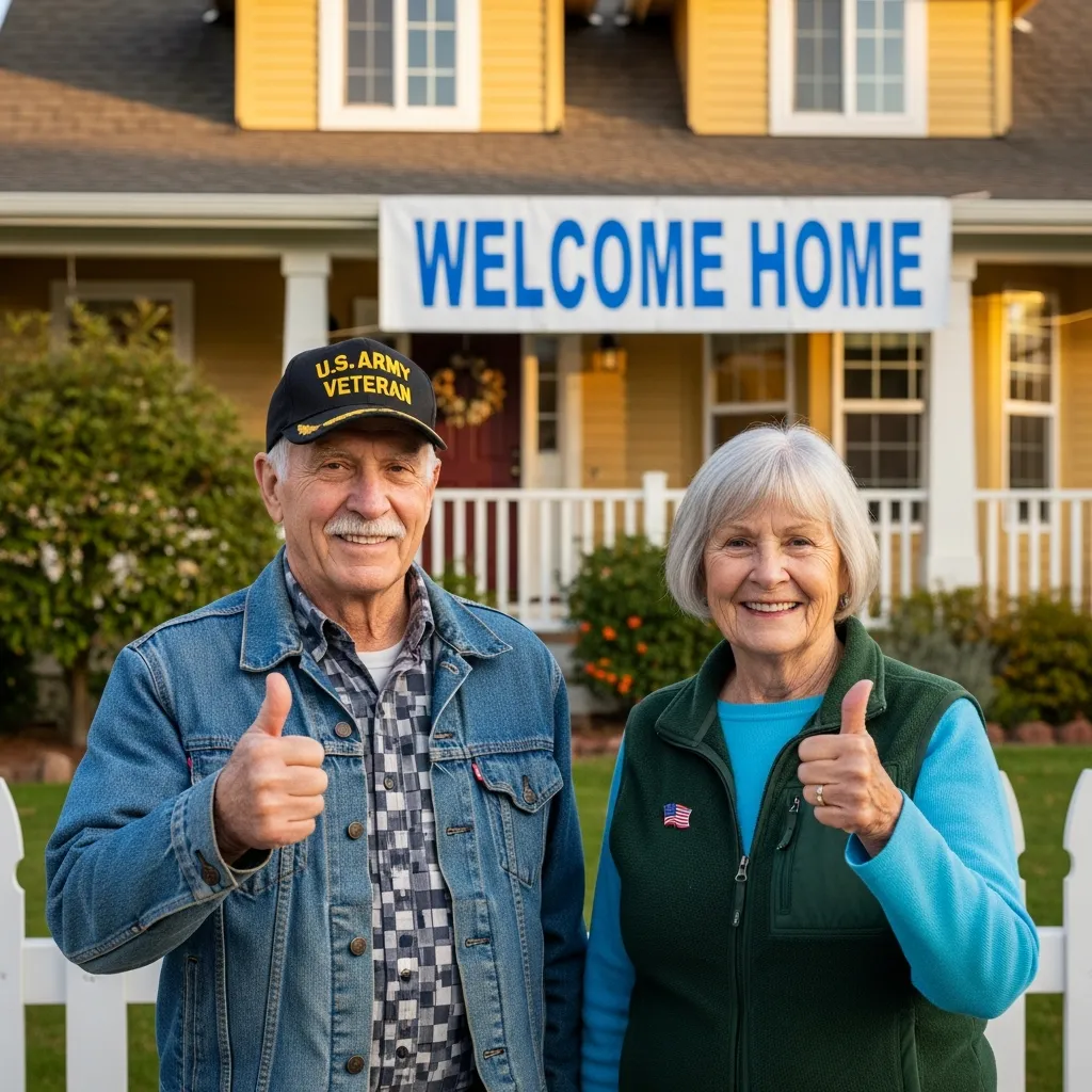 Two veterans giving a thumbs up with a welcome home banner on a house in the background