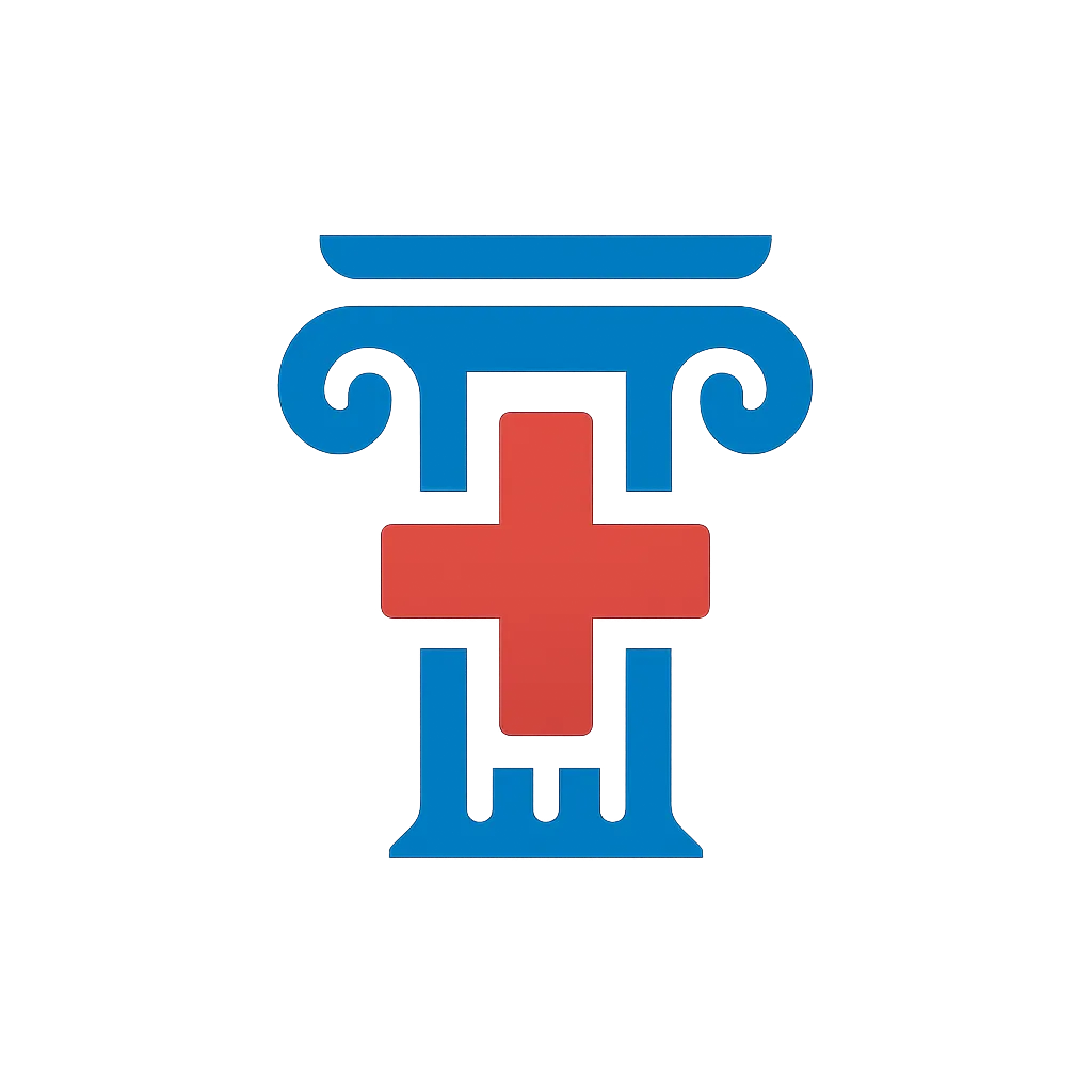 British Medical Experts logo featuring a blue column graphic with a red cross and dark blue text