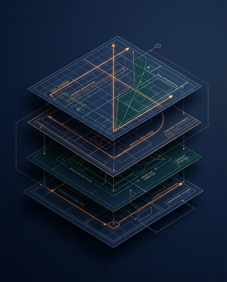 Architectural grid and blueprint diagram illustrating compounding local SEO map dominance and growth architecture for contractors