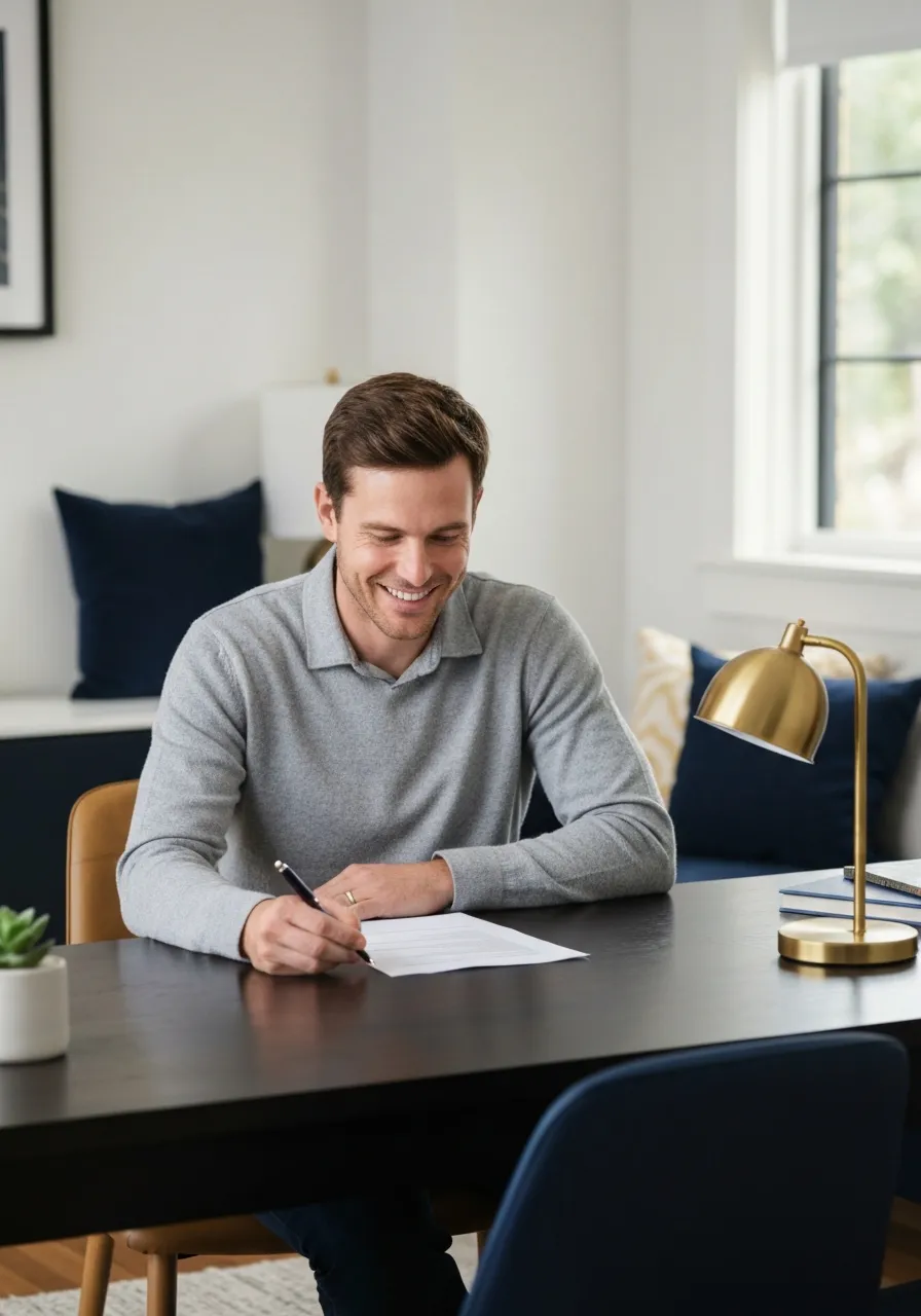 Happy homeowner confidently reviewing loan documents in a bright living room