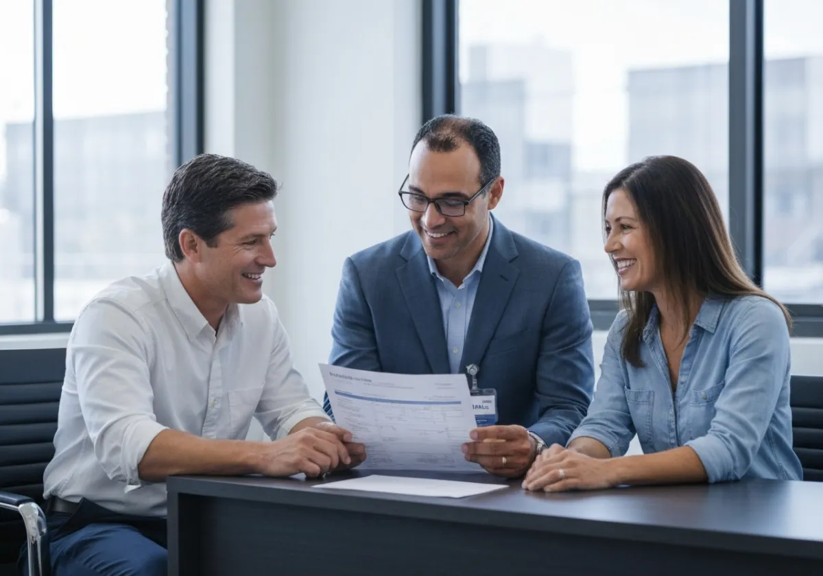 Mortgage broker handing keys to a happy homebuyer