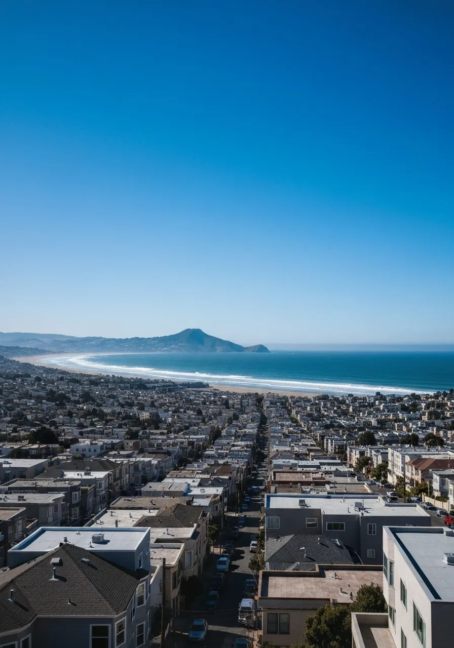 Atmospheric view of a Daly City neighborhood featuring Thornton State Beach and San Bruno Mountain in the background