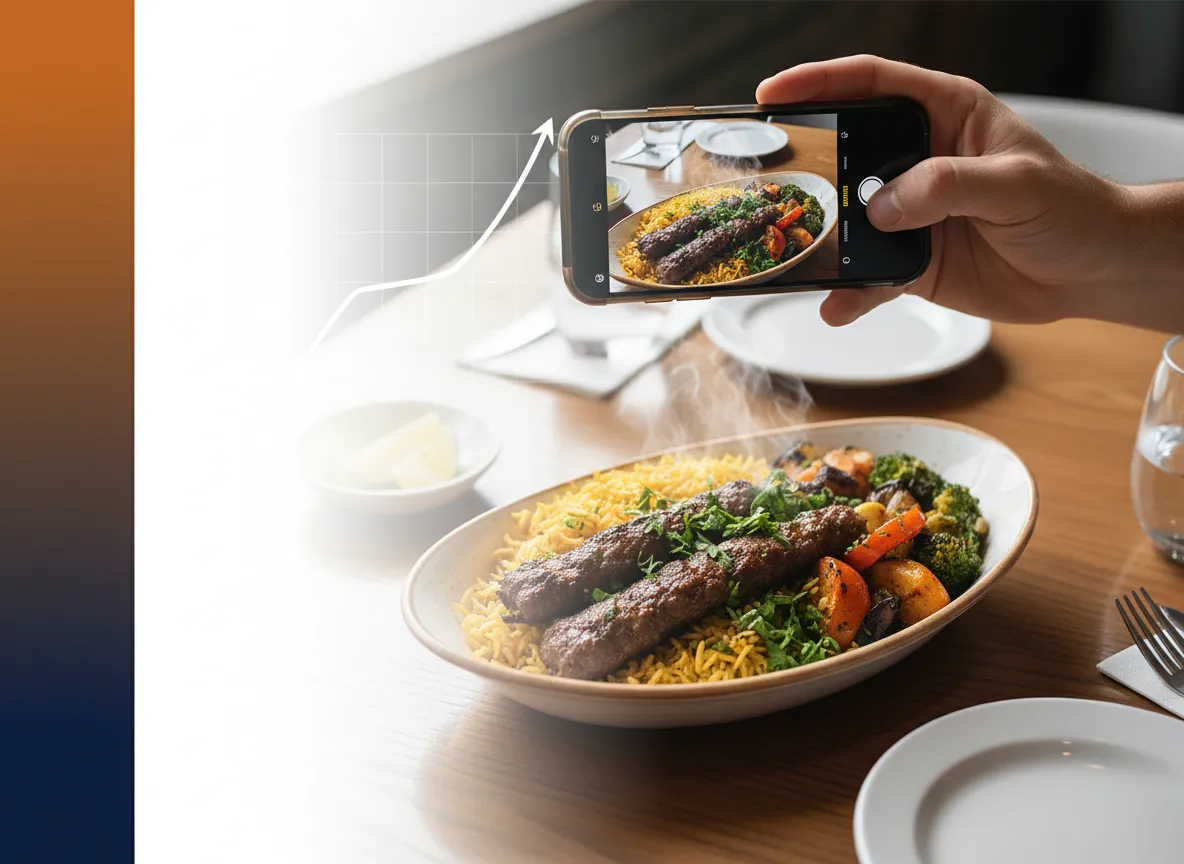 Smartphone filming food content at a modern restaurant table with analytics overlay