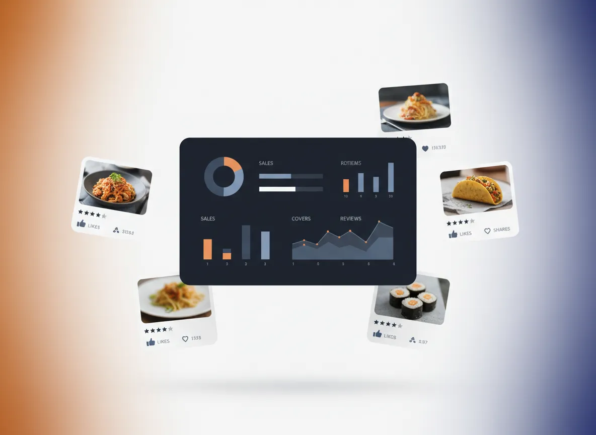 HFJ floating restaurant listing cards and engagement metrics around a central analytics screen