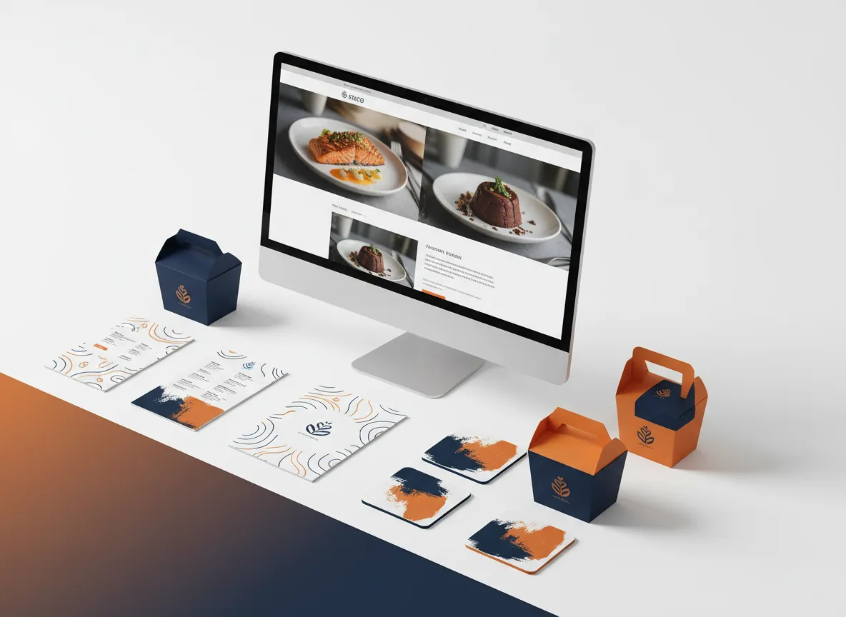 Desktop monitor displaying a modern restaurant website, surrounded by a flat lay of printed menu designs and packaging mockups on a white background with a subtle burnt orange and deep navy gradient along one edge.