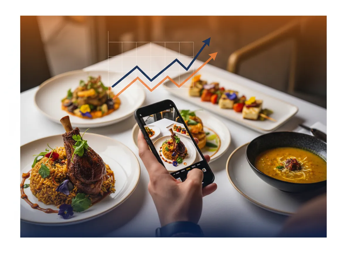 Smartphone filming halal food on a restaurant table, with a subtle upward growth overlay graphic on a clean white background with soft orange and navy gradients.