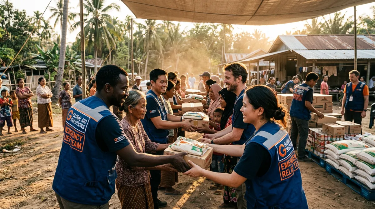 Frontline mission distribution and hands providing relief supplies in the community