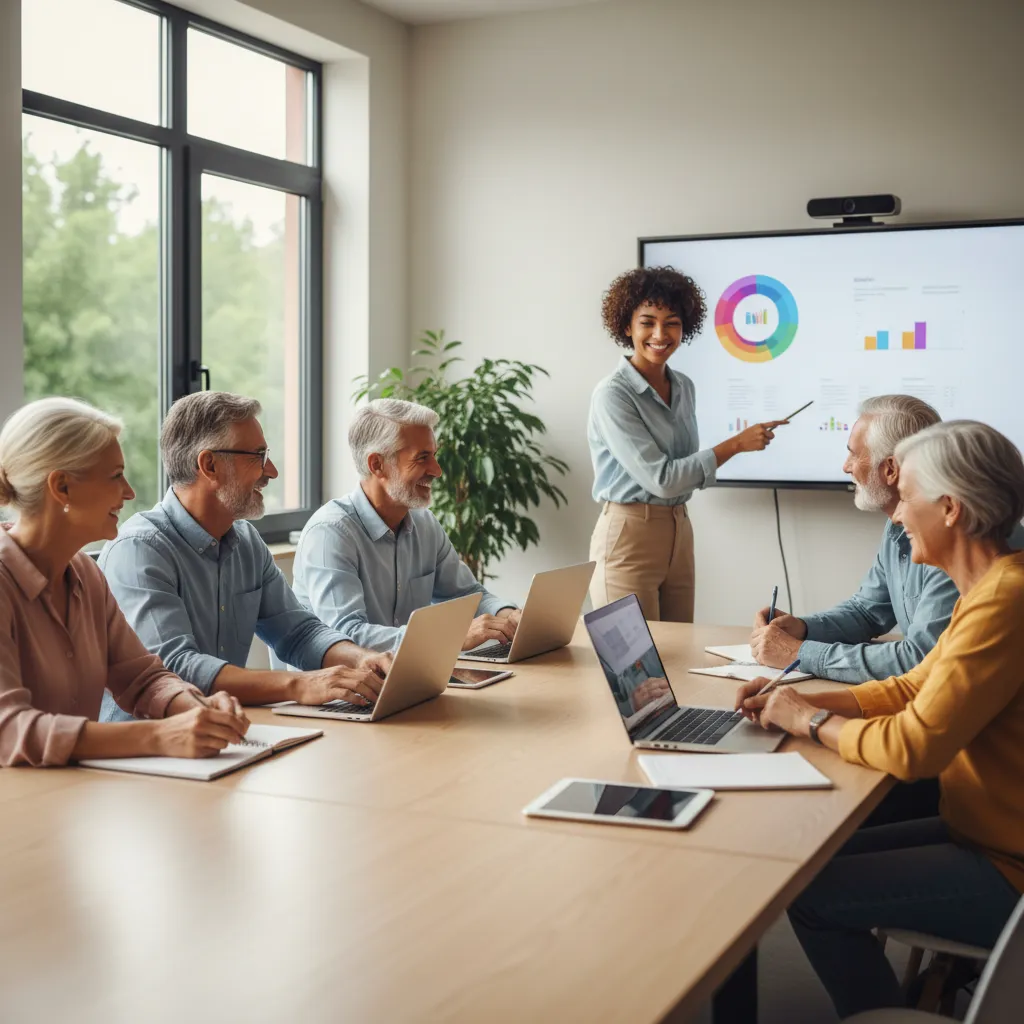 A diverse group of older adults, men and women, gathered around a table with laptops and notepads, smiling and engaging with a friendly instructor in a bright, modern classroom. The atmosphere is collaborative and encouraging.