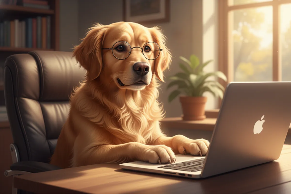 Lifelike illustration of a cocker spaniel (or yellow lab) wearing glasses and working on a computer at a desk, playful and focused, warm color palette, background softly blurred, height:auto