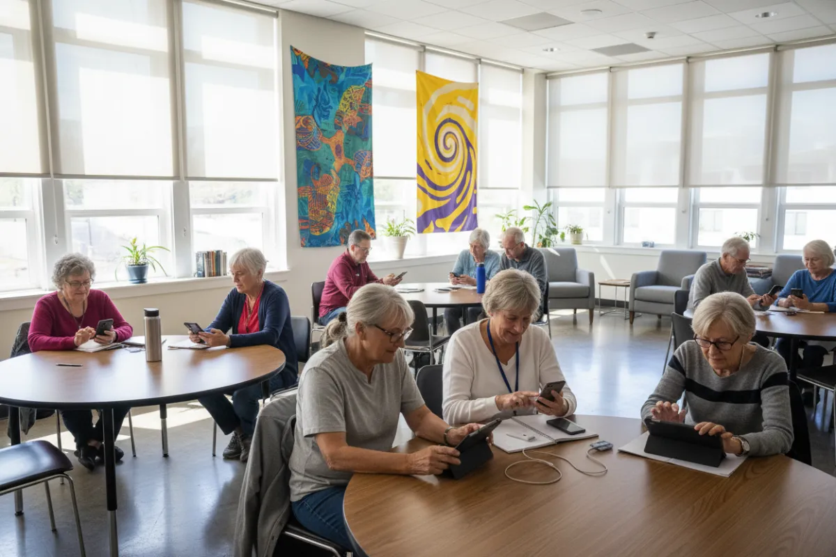 A bright classroom with large windows, several older adults seated at tables using smartphones and tablets, with event signage visible. The setting is welcoming, with natural light and a sense of anticipation for learning.