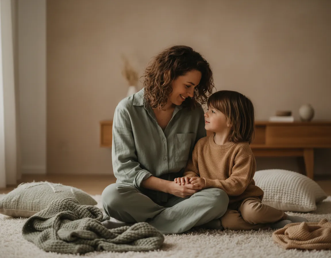 Parent and child connecting after finding calm