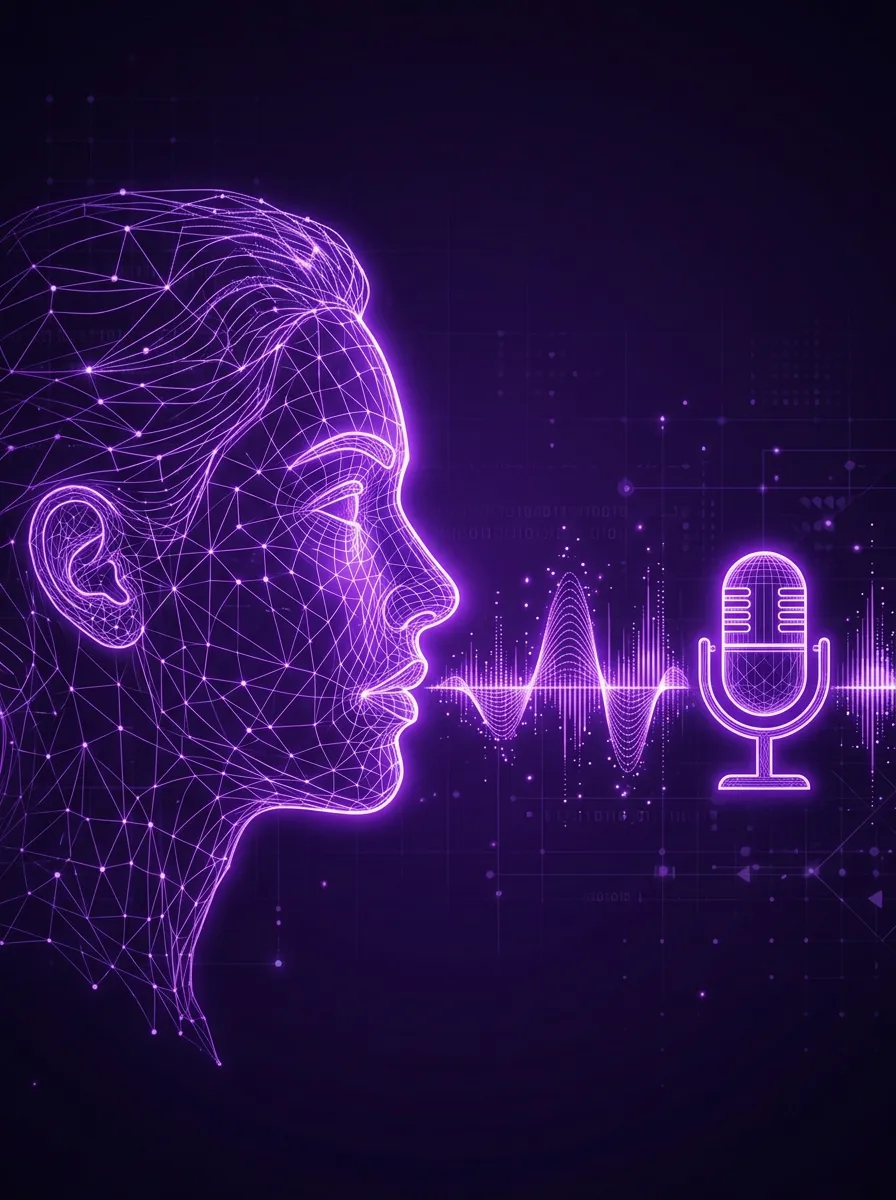 Dark purple card background featuring a glowing purple wireframe silhouette of a human face in profile with digital sound waves and a microphone icon, representing conversational AI.
