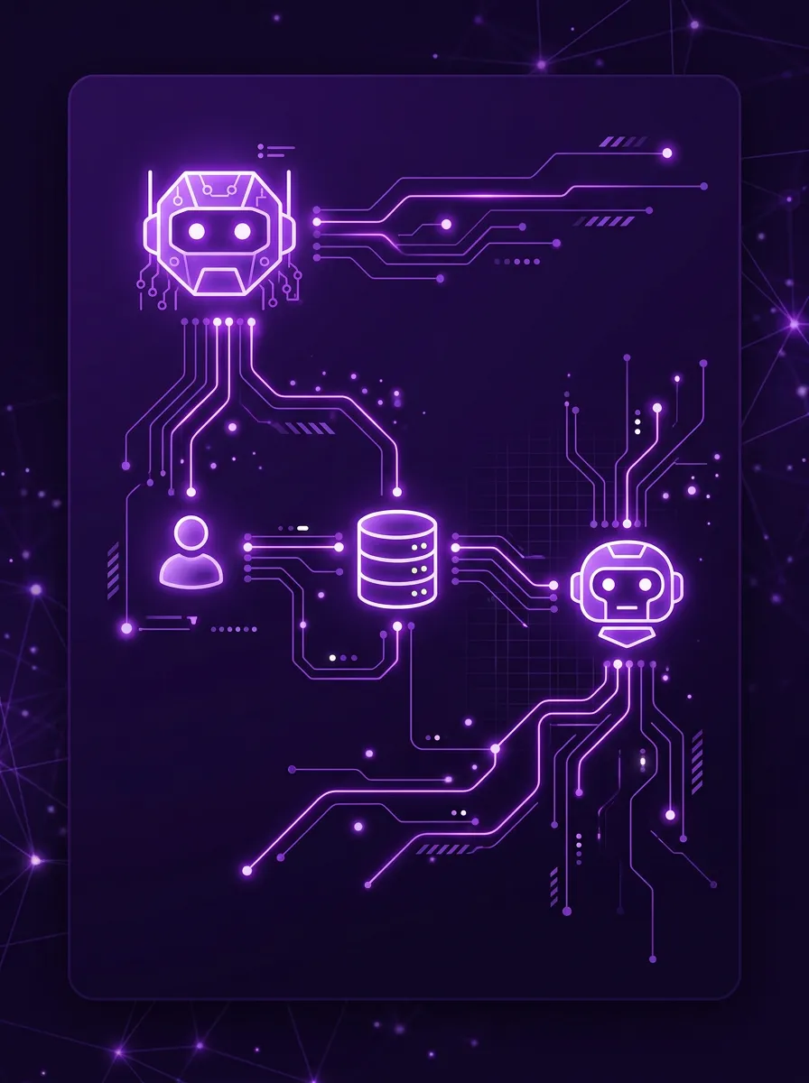 Dark purple card background with glowing purple network lines connecting icons like a robot head, user, and database, representing AI agents.
