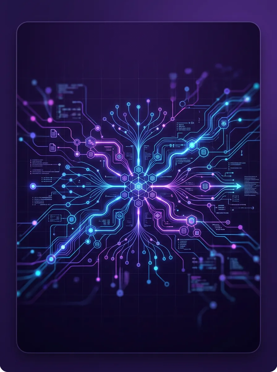 Dark purple card background with a subtle digital interface, glowing nodes, and abstract network lines representing knowledge systems and RAG.