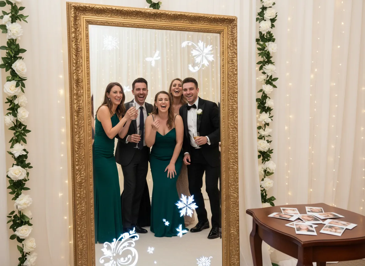 Guests interacting with interactive magic mirror selfie pod.