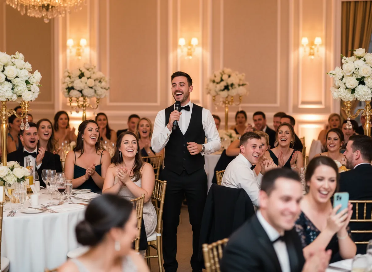Smiling wedding couple on the dance floor with guests.