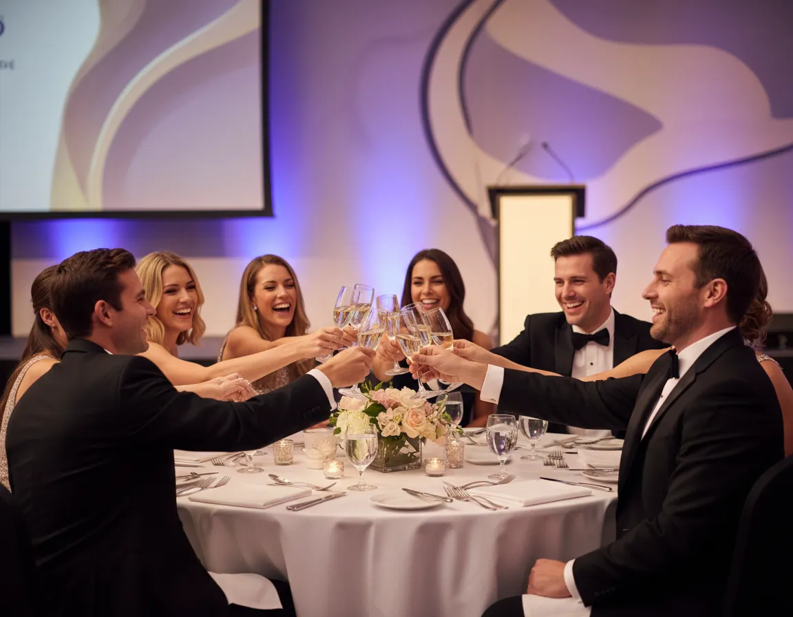 Corporate group at a gala event enjoying entertainment.