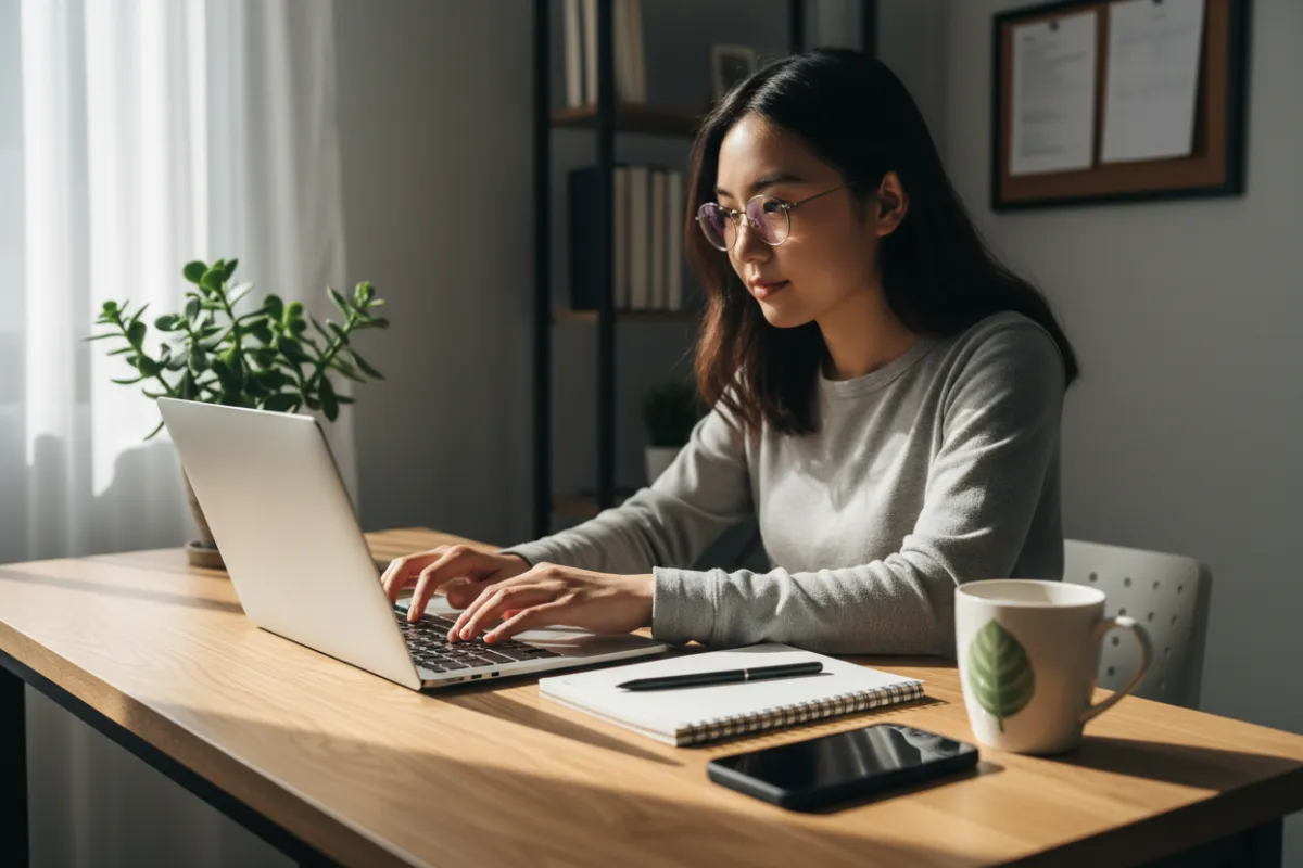 A photo-realistic image of a SaaS customer at a home office, typing on a laptop with a notepad and smartphone nearby.