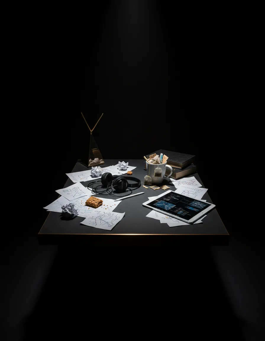 A dark, cluttered desk conceptualizing overwhelm